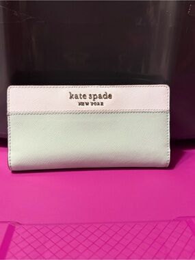 kate spade Two-Tone Pastel white & Mint Saffiano Wallet with navy blue inside